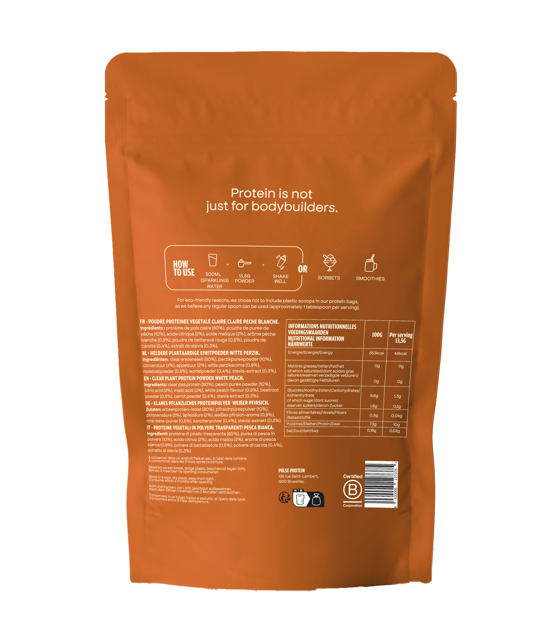Clear Vegan Protein Pêche blanche 350g Pulse – verso, ingrédients et valeurs nutritionnelles